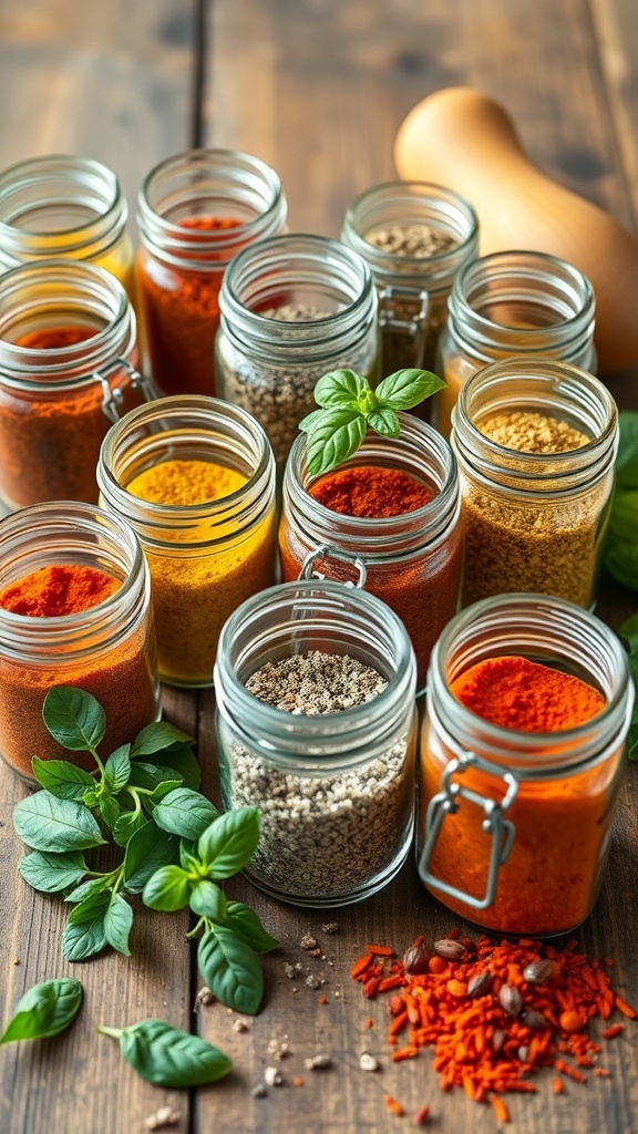 A variety of essential seasonings in glass jars on a wooden table, including spices and herbs.